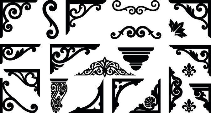 Vintage architectural corbels and corner ornaments vector silhouette set featuring classic baroque bracket molding decorative scrolls and historic design elements,