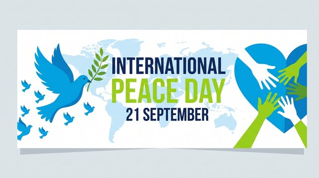 International Peace Day Banner with Blue Dove, Olive Branch, World Map, and Diverse Hands Reaching for a Heart Shape