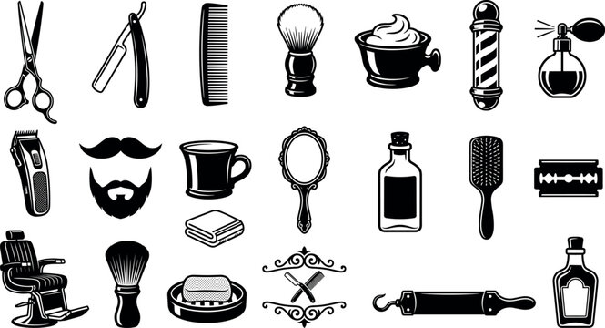 Vintage barbershop elements vector collection set with scissors razor trimmer chair pole moustache perfume bottle icon