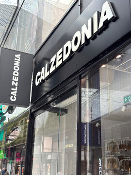 den haag, netherlands - may 11 2026: A Calzedonia storefront stands prominently on a busy street during the day. Its large glass windows reflect adjacent buildings and other retail signs.
