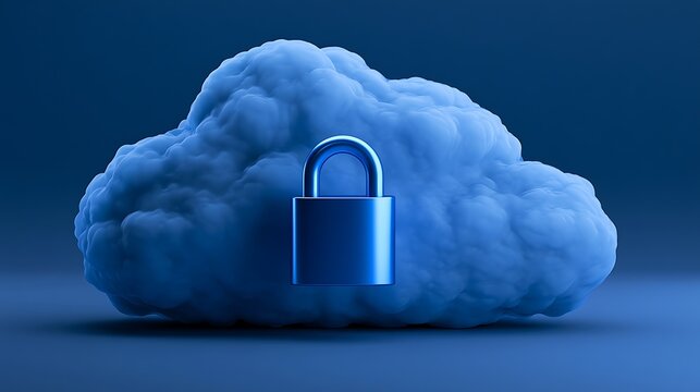 Dark blue cloud computing security concept with padlock