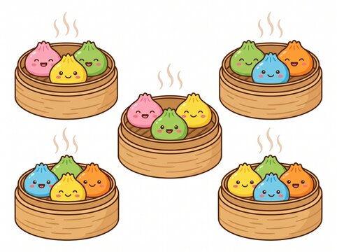 A collection of cute cartoon style dumplings featuring colorful dough, happy facial expressions, and traditional bamboo steamer baskets, vector isolated on white