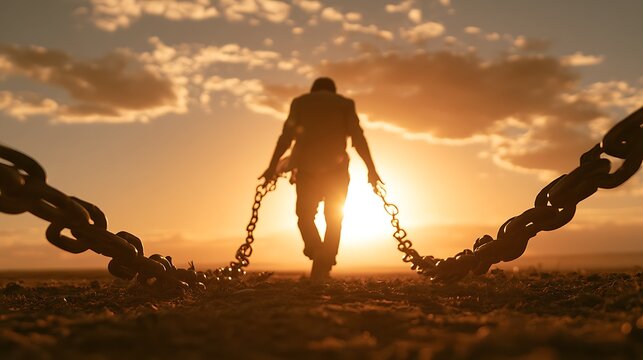 Silhouette of a person walking away holding chains in a desert