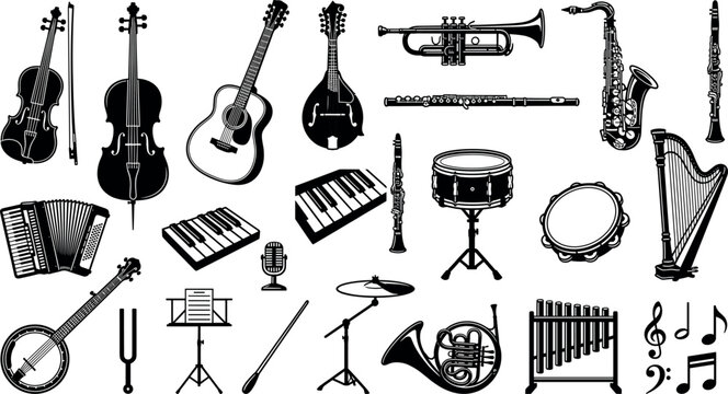 Vintage musical instruments vector elements set with guitar violin trumpet saxophone drum keyboard harp and classic orchestra music notation icons
