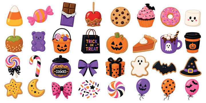 Set of cute halloween treats, sweets, and decorations, including candy, cookies, cupcakes, pumpkins, ghosts, and gift boxes