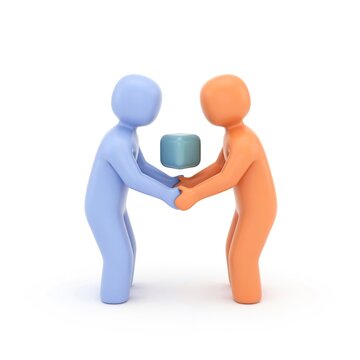 Two abstract stylized figures holding hands with a blue cube floating between them
