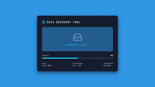 Data recovery tool digital interface animation showing storage drive scanning and file restoration progress on blue background.