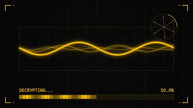 Animated yellow futuristic HUD interface with decrypting text and glowing waveforms