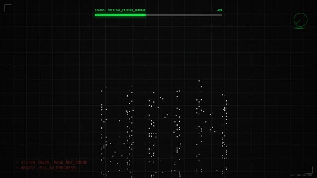 Animated 404 page not found system error with digital glitching code text