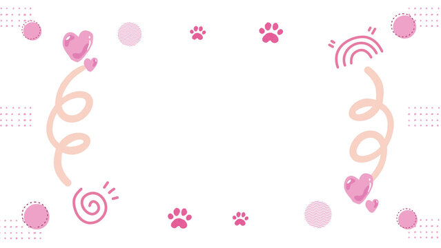 Cute pink spiral doodle background presentation with cat paw prints and hearts