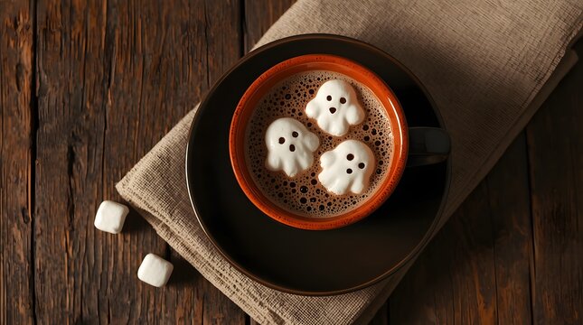 Cup of hot chocolate with cute ghost marshmallows for Halloween celebration on dark wooden background