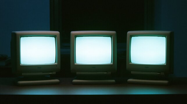 Three identical old retro beige CRT computer monitors with blank glowing screens aligned on dark wooden desk in dark retro tech workspace perfect for nostalgic mockup