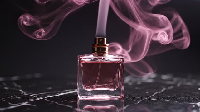 Elegant glass perfume bottle on black marble surface with swirling pink smoke