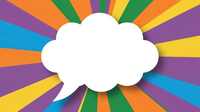 Minimalist abstract digital art composition featuring a white comic speech bubble cloud over a colorful sunburst background