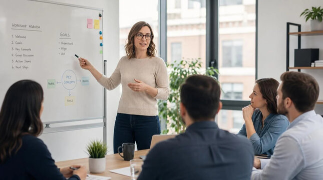 Caucasian female coach with glasses leading small workshop presentation at whiteboard with goals and key concepts in bright modern office, engaged diverse attendees seated at table