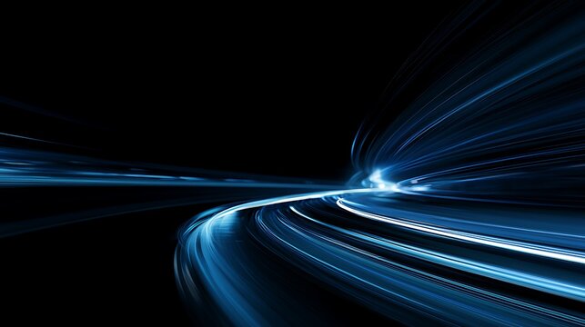 Abstract blue light trails curve in motion