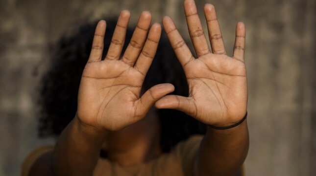 Close-up of multiracial woman's hands with dark skin held up toward camera palms outward in warm late-summer sunlight, stop gesture, shallow depth of field
