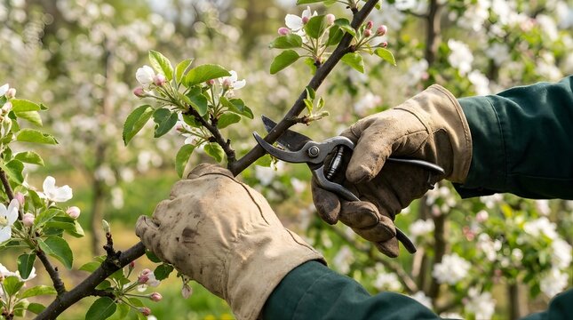 Gardener pruning apple tree branches with shears in spring orchard