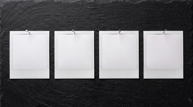 Four blank instant photo frames pinned in a horizontal row on a black slate background
