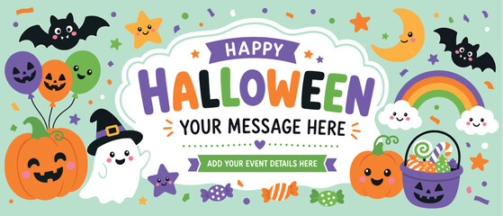 Fototapeta premium Happy halloween banner design with cute cartoon characters, pumpkins, ghosts, bats, and colorful decorations for party invitation or greeting card template