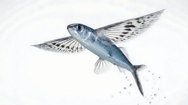 Flying fish gliding over ocean water surface isolated on white background