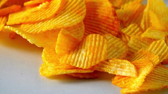Crunchy ridged potato chips, golden salted snacks with ripple texture, crispy fried appetizers for party food background