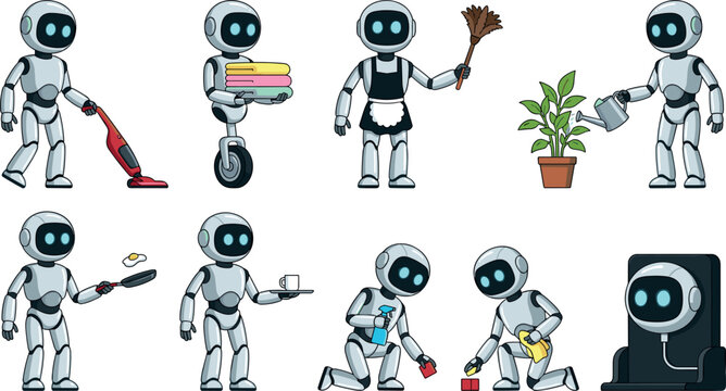 Cute domestic robot vector set featuring funny cartoon android character poses including vacuuming dusting watering plants cooking serving coffee and charging station
