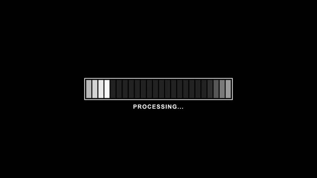 Progress bar pixel art animation with processing text scrolling in white blocks on black background for retro computer interface hud