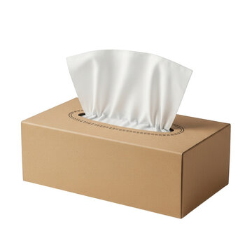 Brown paper tissue box with white tissues pulling out isolated on transparent background for home hygiene and interior design mockups