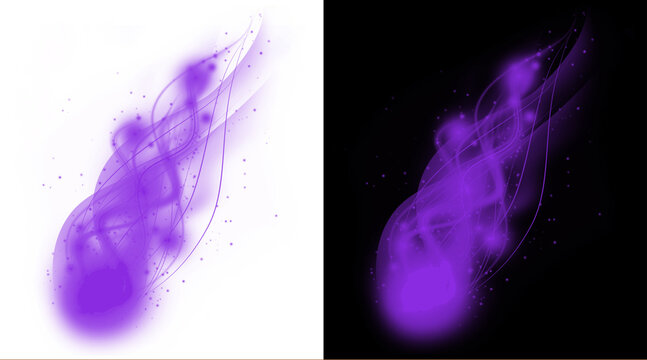 Purple magic fire trail with glowing sparks. Ethereal violet energy smoke on black and white backgrounds. Mystical flame effect for gaming and fantasy design.