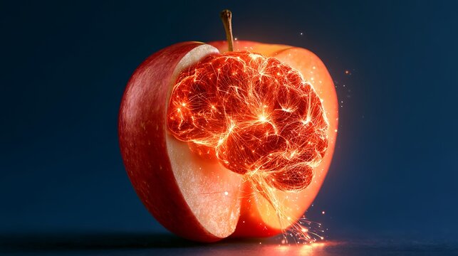 Glowing brain inside an apple on blue background