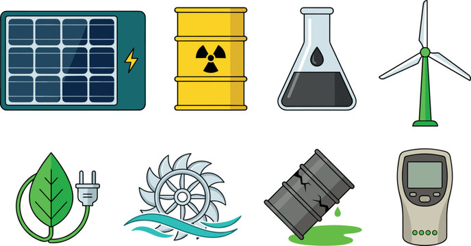 Energy and ecology icons vector set featuring solar panel nuclear waste barrel oil flask wind turbine eco plug water turbine leaking chemical drum meter