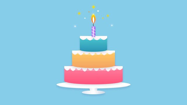Animated tiered birthday cake stacking and lighting candle