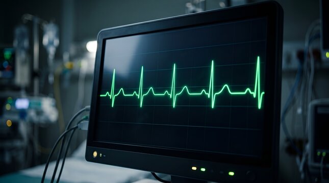 Hospital Patient Monitor Displaying Green ECG Heart Rate Pulse Waveform Screen