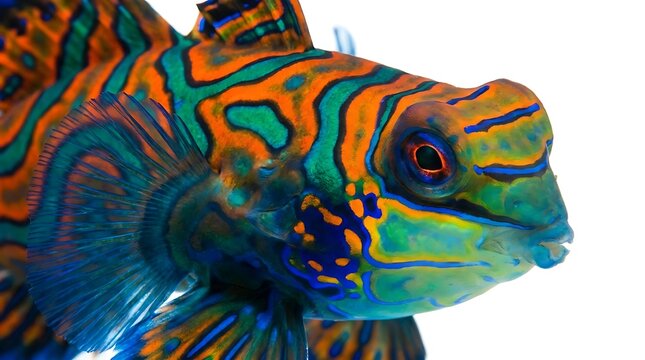 Vibrant Mandarin Dragonet fish portrait with colorful neon patterns on white background