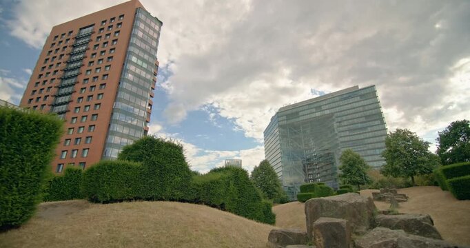 Rhine Dusseldorf Germany modern architecture office district features glass buildings and high rise towers within an urban cityscape for European travel tourism