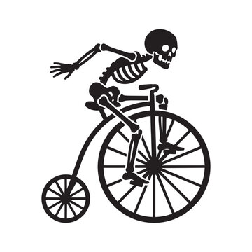 Black silhouette vector illustration of a human skeleton riding a vintage penny farthing bicycle