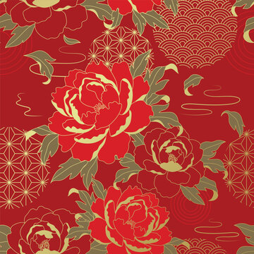 Chinese New Year vector floral background with red peony flowers, green leaves, clouds and geometric accents for festive cards, wrapping paper and packaging.