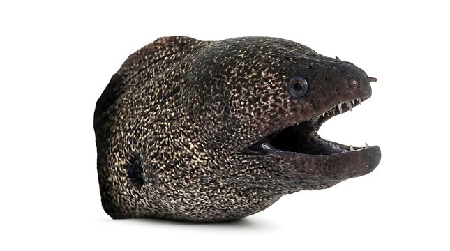 Close up of a moray eel head with open mouth isolated on a white background