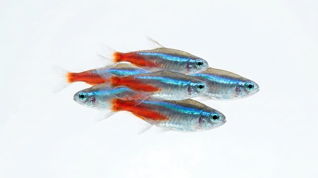 School of neon tetra fish swimming together isolated on a white background
