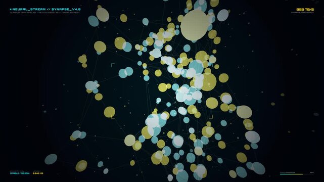 Abstract digital neural network visualization featuring yellow and blue glowing particle nodes connected by data lines with HUD UI overlays on dark background, ideal for AI and technology concepts.
