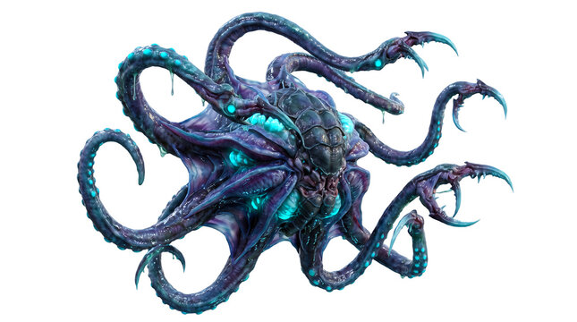 Alien creature with tentacles 3D render with glowing cyan lights and dark purple textured body