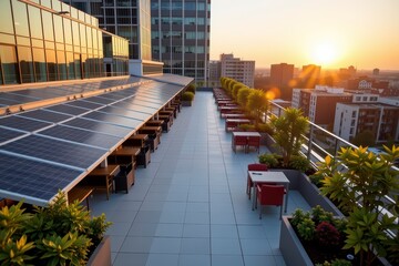 Obraz premium Rooftop terrace with solar panels and outdoor seating at sunset