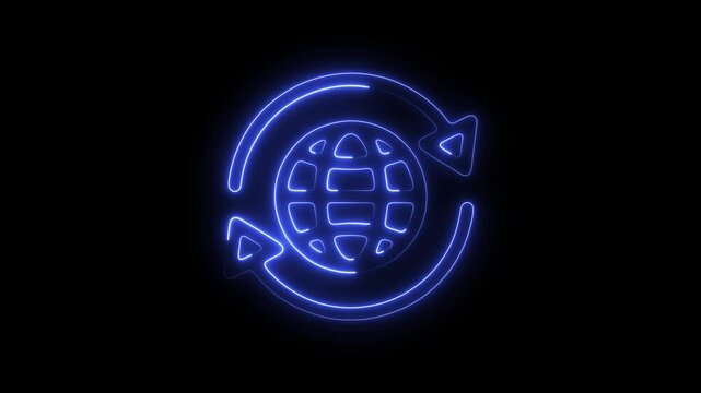 Glowing neon globe with rotating arrows digital global connectivity and data sync animation earth rotation