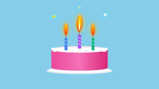 Pink birthday cake pattern with burning candles on blue background