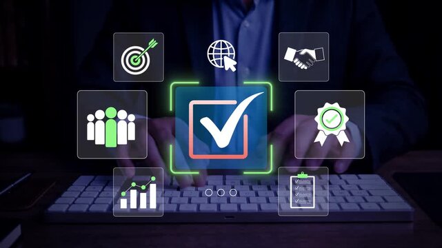 Hand touch on the sign of the top service Quality assurance and icon set, Guarantee, Standards, ISO certification and standardization concept. Global business network online marketing, international
