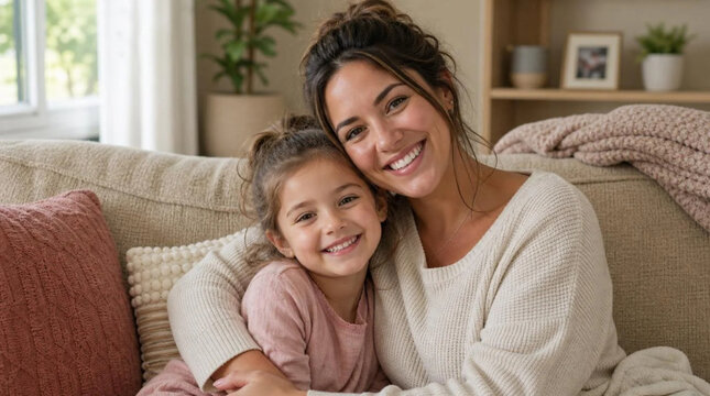 Smiling single mother hugging her young daughter on cozy beige knit couch in warm bright living room, loving multigenerational family bond portrait, natural candid moment