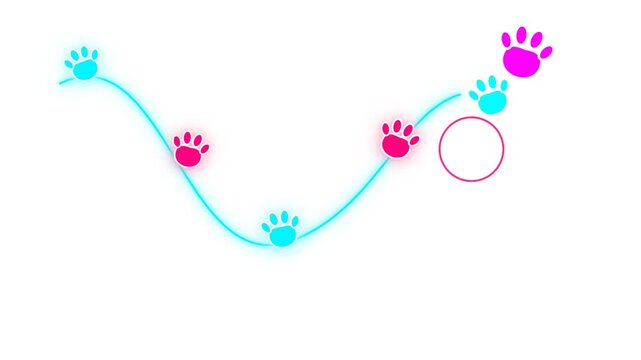 Colorful paw prints moving along curved lines on white background