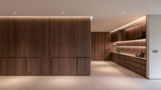 Modern minimalist hallway with custom wooden storage cabinets and led contemporary home interior design