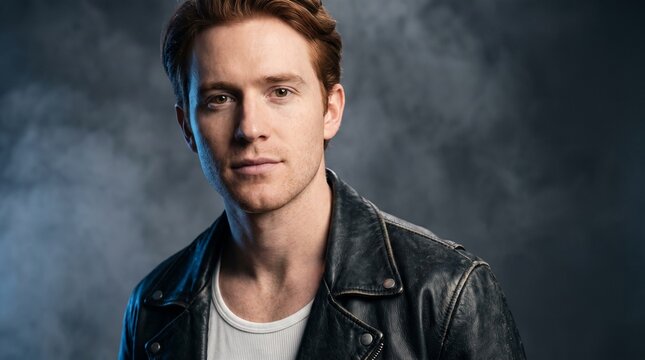 Portrait of a handsome young man wearing a black leather jacket